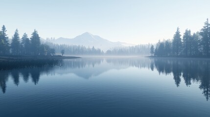 Sticker - Tranquil Mountain Lake with Fog and Reflections