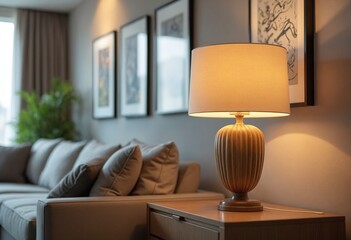 Poster - Close up of lamp on side table near sofa. Home interior design of modern living room