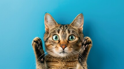 Wall Mural - A cute cat with wide eyes lying on its back against a blue background.