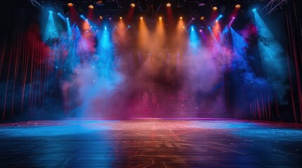 Poster - Empty stage with purple and blue lighting, fog, and wooden floor.