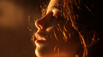 A close-up shot of the girlâs face illuminated by soft light, capturing the serenity as she sings a quiet melody.