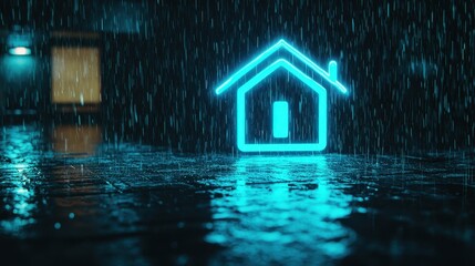 Wall Mural - Neon House Icon in Rain  Cityscape at Night