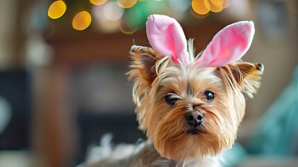 Wall Mural - A cute dog wearing pink bunny ears, set against a blurred background with festive lights.