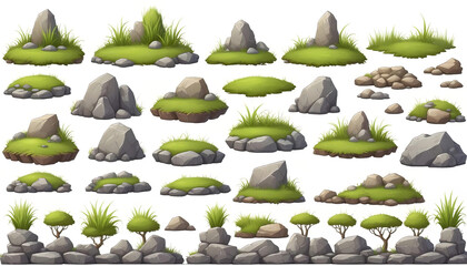 grass stones platforms 2d game design elements on isolated white background grass and stones podium assets  