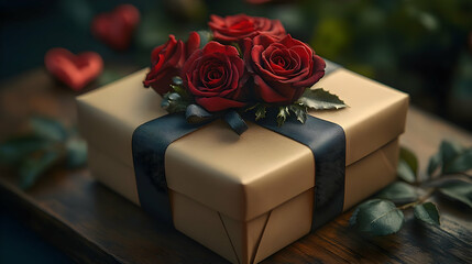 Sticker - A gold gift box with a black ribbon and red roses on top.