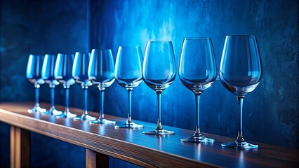 row of wine glasses on counter next to blue wall with shadow