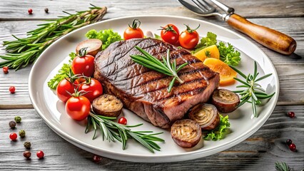 Grass-fed beef steak served on a white plate with vegetables and herbs