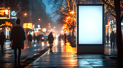 Poster - A large blank billboard on a city street at night.