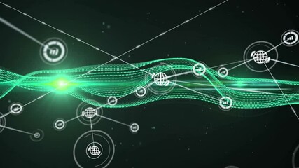 Poster - Green waveforms and interconnected icons, digital network animation