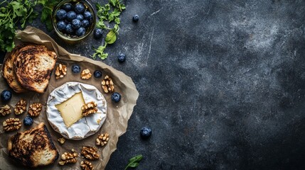 Wall Mural - Grilled cheese flat lay with toast, berries, walnuts.