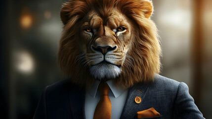 Wall Mural - A lion with a serious expression, wearing a suit and tie.