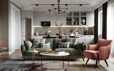 Wall Mural - A modern apartment living room with a green sofa, a light pink chair and plaid pillows, a black chandelier hanging above the table,