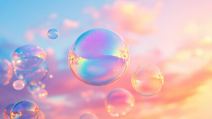 Wall Mural - a colorful iridescent soap bubbles floating flying away on a pastel pink blue color sunset sky. abstract texture background concept, detailed and intricate image