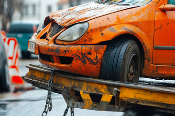 Wall Mural - Tow truck lifting a broken-down vehicle