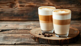glasses of latte macchiato coffee on a wooden background