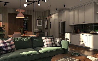 Wall Mural - A modern apartment living room with a green sofa, a light pink chair and plaid pillows, a black chandelier hanging above the table,