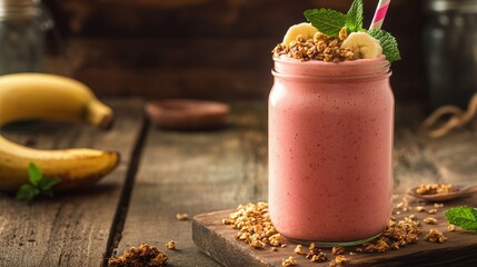 Wall Mural - Mason jar filled with a vibrant smoothie, garnished with granola, banana slices, and fresh mint, placed on a wooden surface.