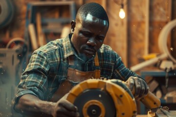 Wall Mural - A person operating a circular saw in a well-lit industrial setting, suitable for use in DIY tutorials or construction-related projects