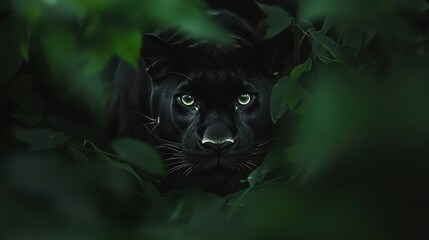 Wall Mural - Black Panther with Green Eyes Hidden in Foliage