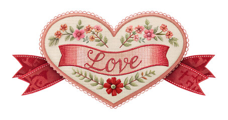 Wall Mural - Embroidered heart design with floral patterns and love, cut out transparent