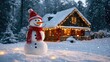 © 69 - Red-scarfed snowman standing in a snow-covered yard, with twinkling lights and a cozy cabin adding a warm glow to the scene.