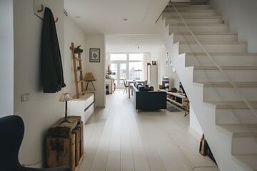 Wall Mural - A photo of the interior of an apartment in Amsterdam, a white staircase with wooden steps and white walls. The upper floor is an open plan living room and dining area with modern furniture 