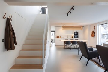 Wall Mural - A photo of the interior of an apartment in Amsterdam, a white staircase with wooden steps and white walls. The upper floor is an open plan living room and dining area with modern furniture 