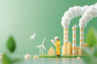 © Weerapat - Miniature construction worker evaluates industrial landscape with smoke stacks and wind turbines, representing energy and sustainability.