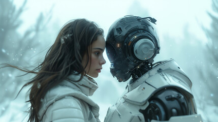 Love Transformed Human Woman and Male Robot Machine