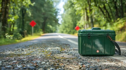 A green metal toolbox sits on a gravel road surrounded by lush green trees in the background, a red traffic sign is visible in the distance.