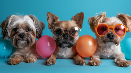 Adorable Dogs with Party Glasses and Balloons on Blue Background