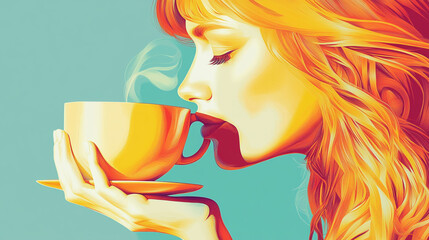 A woman enjoys a warm cup of tea with steam rising, set against a vibrant blue background, capturing a cozy moment of relaxation