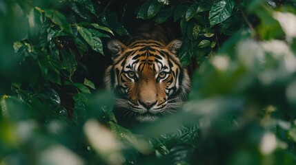 Wall Mural - Tiger Peeking Through Green Foliage