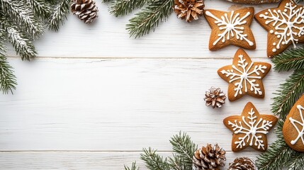 Homemade decorated gingerbread, Christmas cookies and green spruce branches