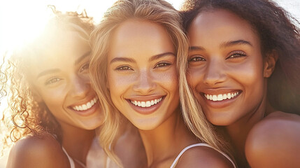 Portrait of Three Happy Multiethnic Women with Curly Hair and Golden-Brown Skin, Standing Together in Sunlight with Soft Shadows