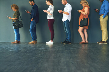 Aufkleber - Creative people, diversity and smartphone recruitment waiting in queue, job line or paperless HR interview row. Vacancy, men and women in human resources, hiring or onboarding office on cellphone