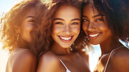 Group Photo of Three Beautiful Women with Curly Hair and Golden-Brown Skin, Smiling Outdoors on a Bright, Sunny Day