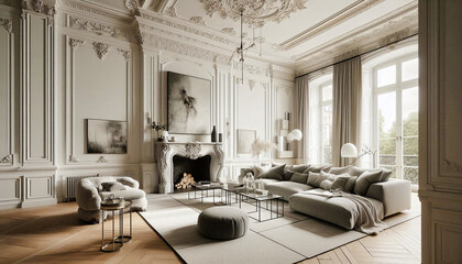 Elegant modern living room with ornate ceiling and stylish furniture, captured in a bright Parisian apartment during the afternoon