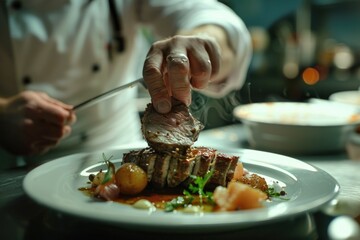 A person cuts a piece of meat on a plate