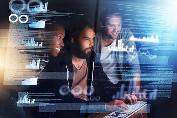 Happy people, data and night with computer on overlay for future development, analytics or statistics at office. Group of young developers working late on technology or graph in coding or programming
