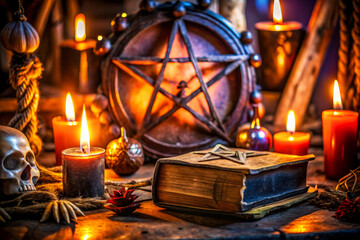 Mystic Ritual With Candles, Skull And Pentagram Book.