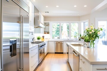 Wall Mural - A sleek and modern kitchen with stainless steel appliances, white cabinets, and an island featuring clean lines and light colors