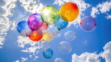 Wall Mural - rainbow-colored balloons transparently released into the sky, high definition image