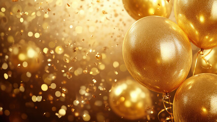 Wall Mural - beautiful golden balloon background, celebration birthday party, shiny, confetti, copy space area, d