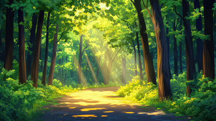 Wall Mural - sunlight illuminates serene forest path 2d cartoon illustration. towering trees, lush undergrowth fl