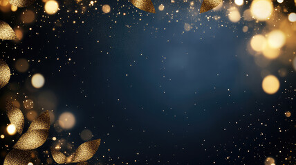 Wall Mural - a navy blue background with golden particles features an abstract design. gold foil texture sparkles amidst the bokeh effect of christmas lights shimmering, high definition photo