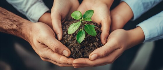 Close-up of multiple hands holding soil with a young green plant, symbolizing teamwork, environmental care, and shared responsibility.