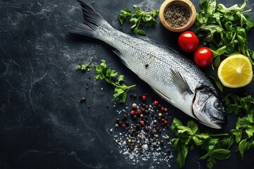 Raw Sea Bass Fish with Spices and Herbs on Black Slate Table