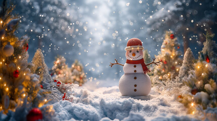 Wall Mural - 3d render illustration, snowman standing around christmas lights and decorations, Christmas background concept