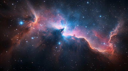 Wall Mural - A vibrant nebula in deep space glows with a mix of pink and blue hues, surrounded by countless stars.